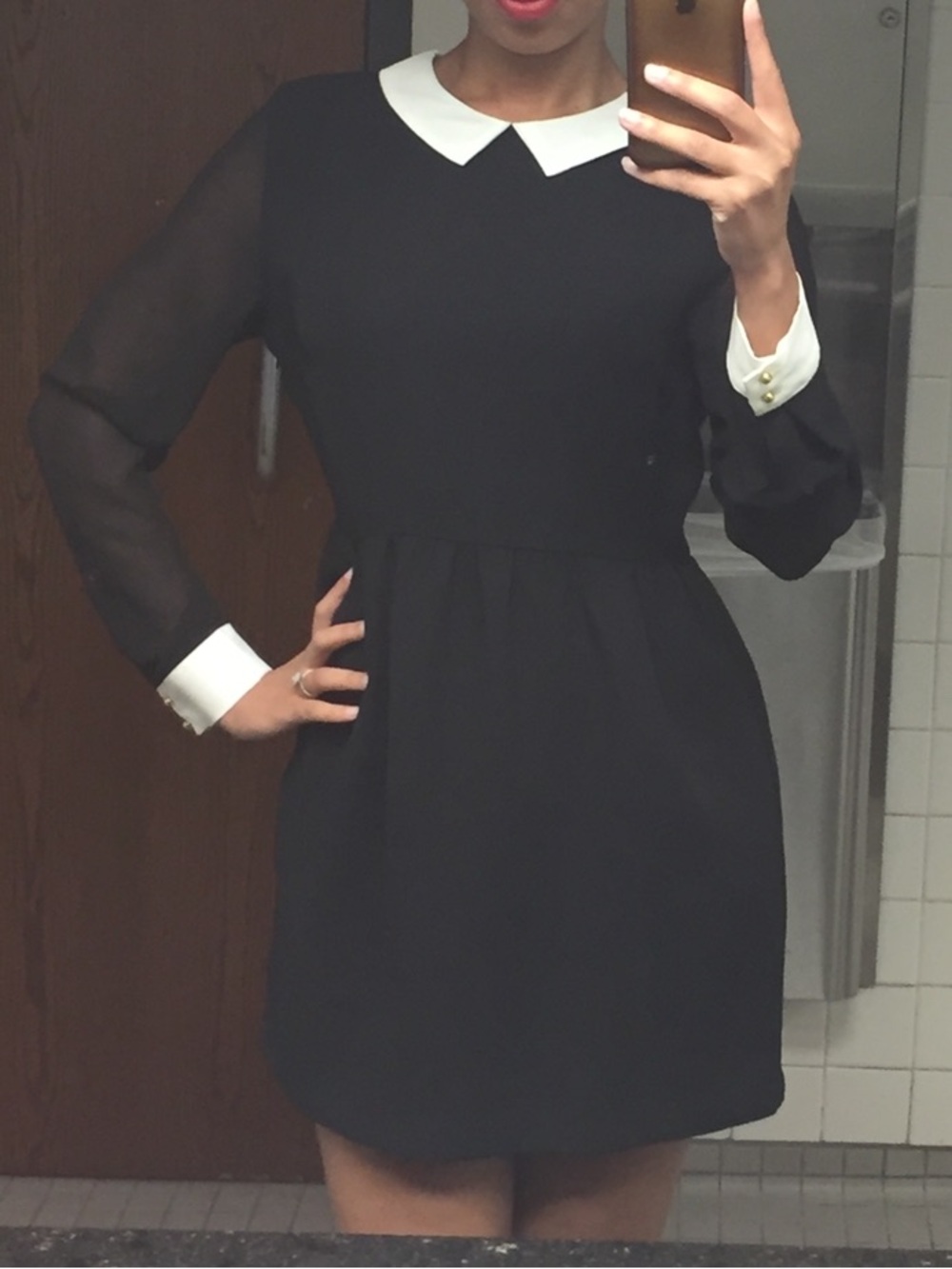 Black Long-Sleeve Dress with White Collar and Cuffs